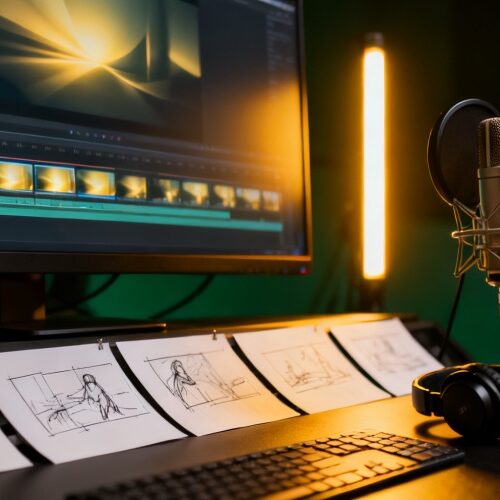 Dark creative studio desk with storyboard sketches, a video editing timeline, a studio microphone and headphones